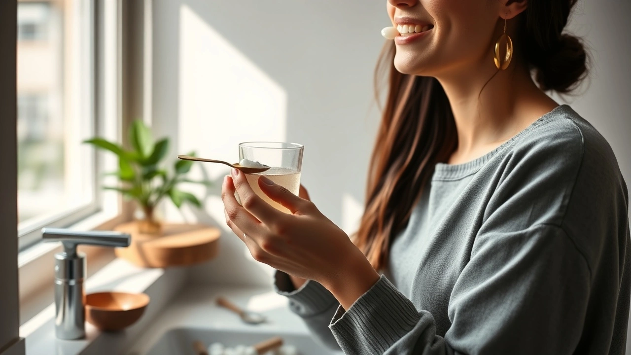 une personne pratiquant le oil pulling dans une salle de bain