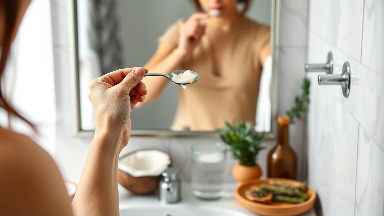 une personne pratiquant le oil pulling dans une salle de bain
