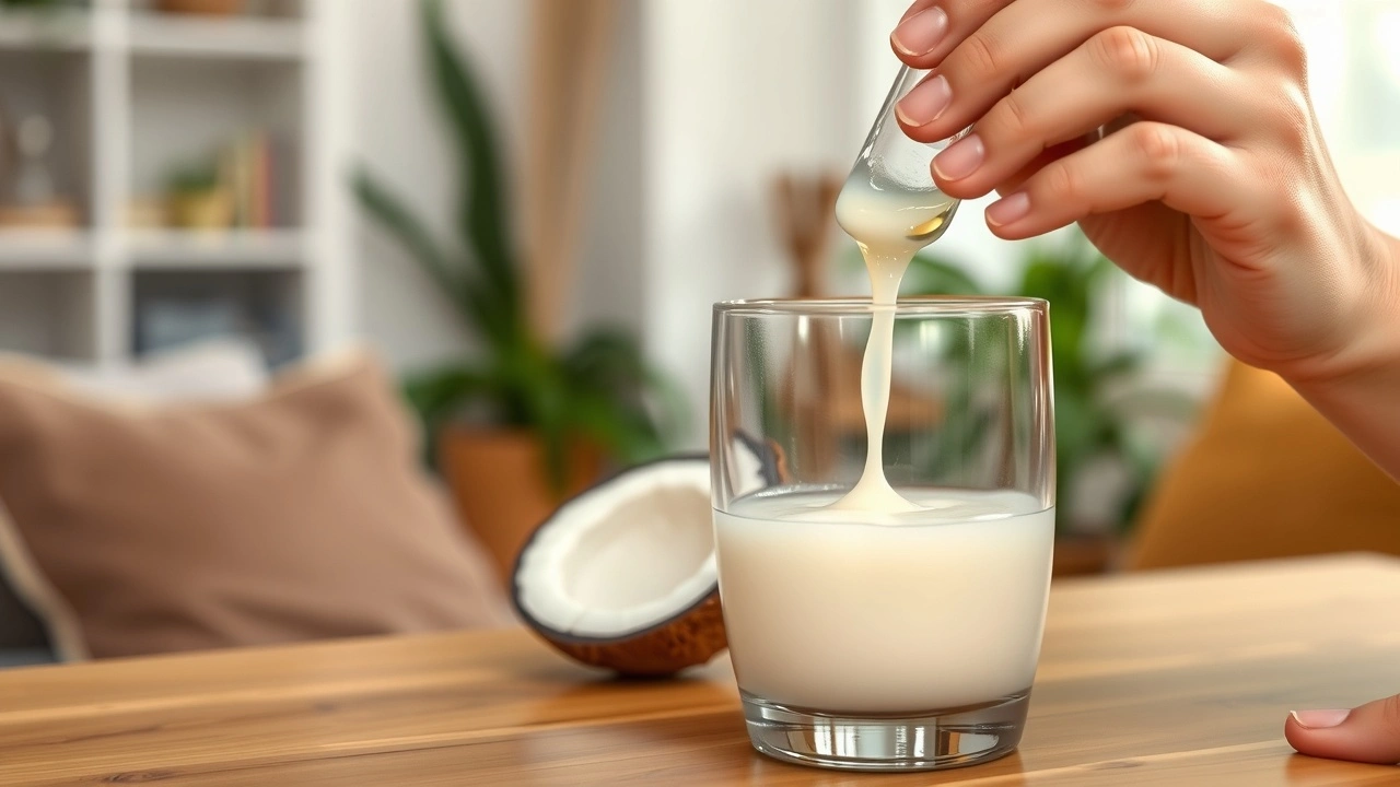 une personne faisant un oil pulling avec de l'huile de coco