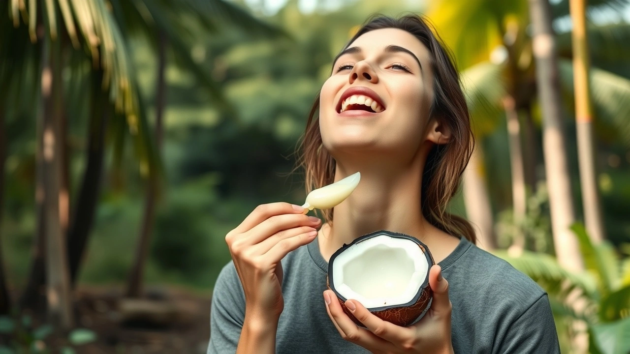 person effectuant le oil pulling avec de l'huile de coco