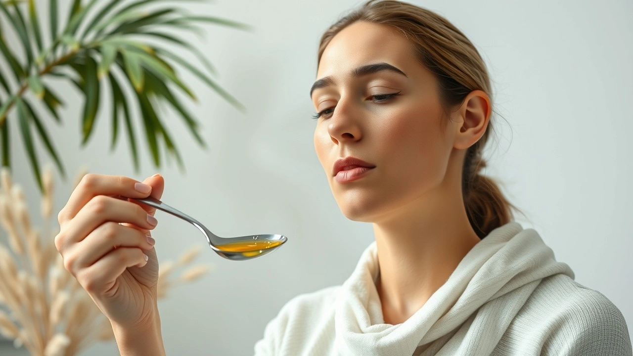 person pratiquant le oil pulling avec de l'huile
