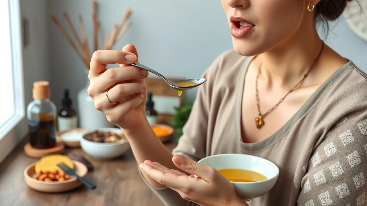 person pratiquant le oil pulling avec des huiles