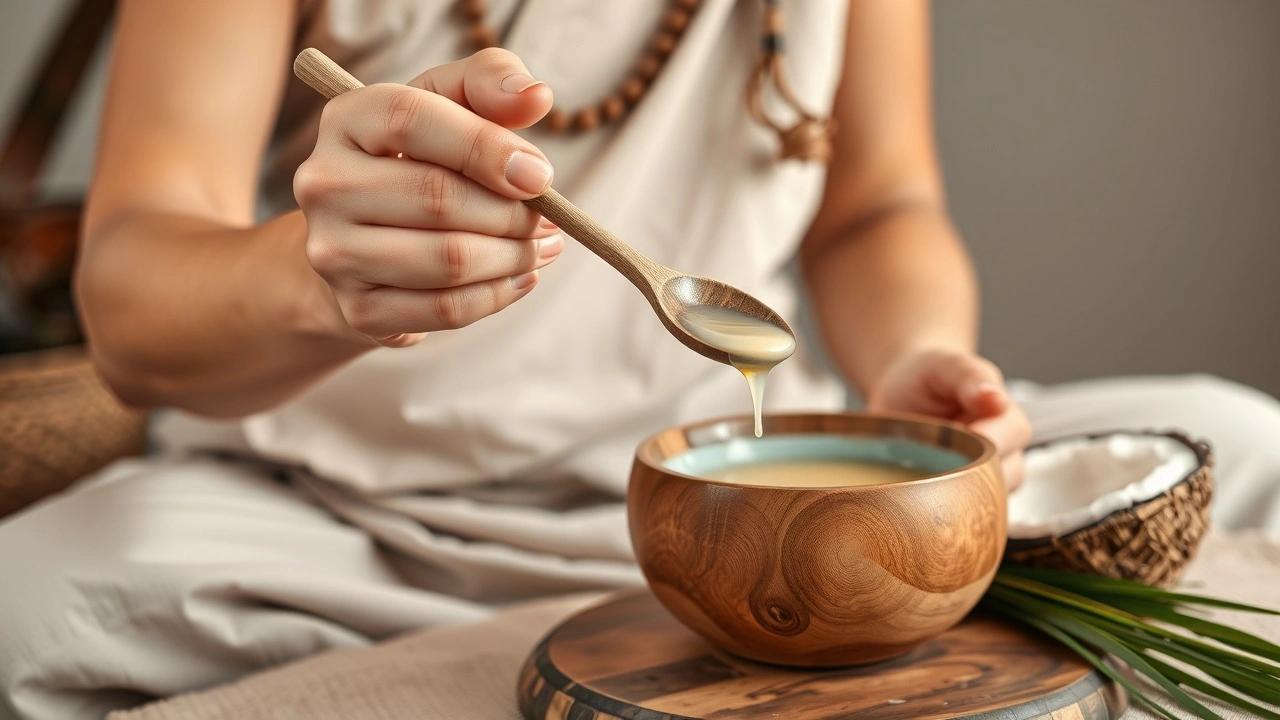 praticien ayurvédique avec huile de coco et bol en bois