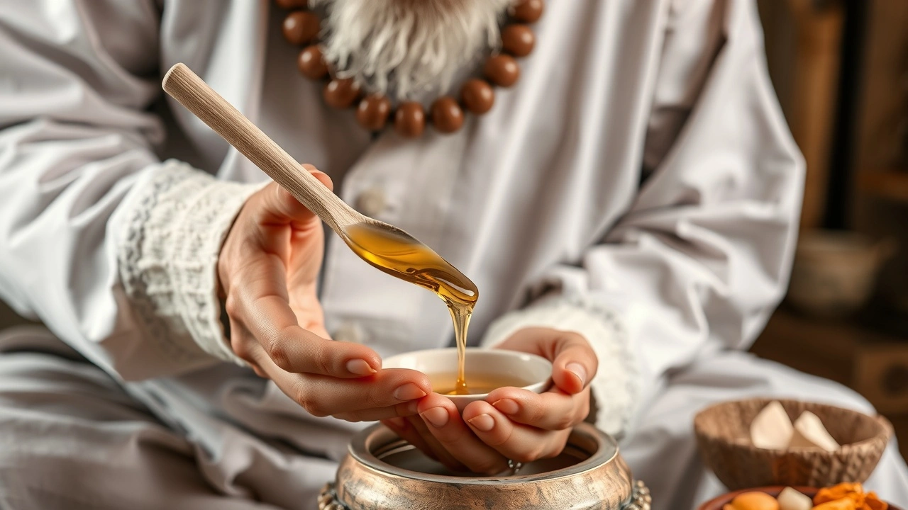 praticien ayurvedique prepare de l'huile pour le rinçage buccal
