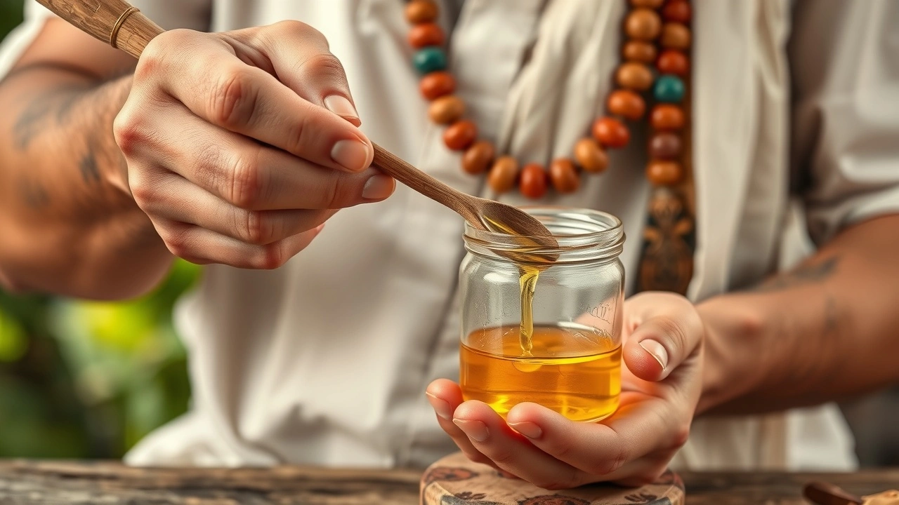 praticien ayurvedique montrant le gargarisme avec de l'huile