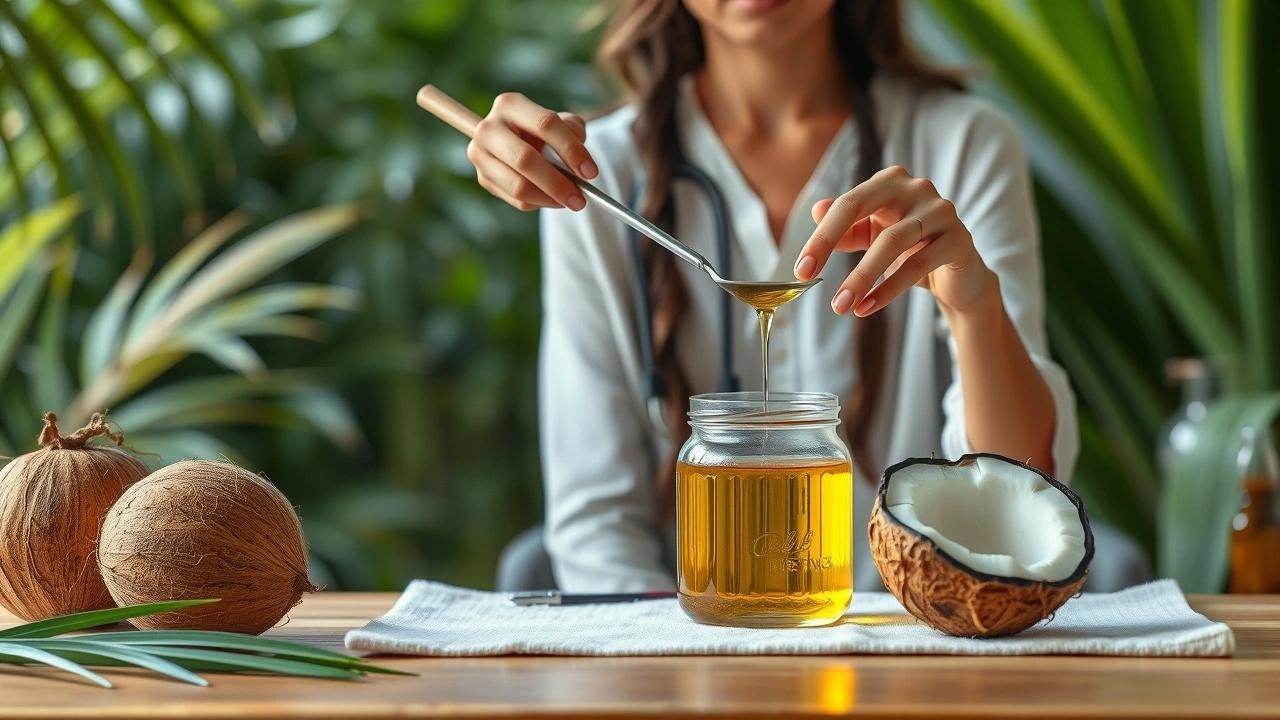 praticien en ayurveda montrant l'huile de pulling