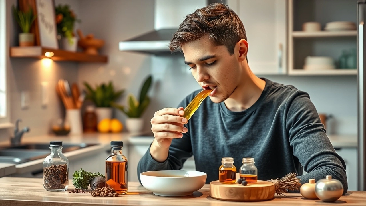 person pratiquant l oil pulling dans une cuisine moderne