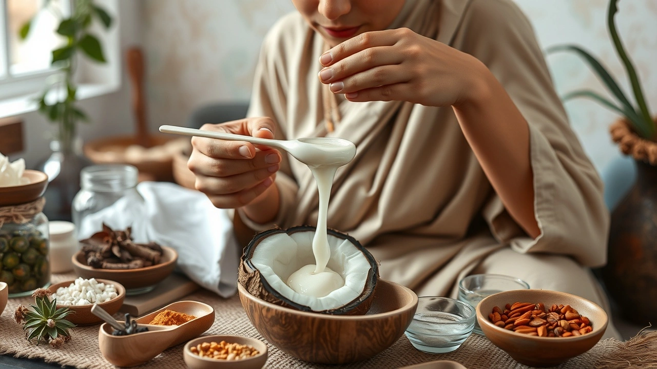 person pratiquant le oil pulling avec de l'huile de coco
