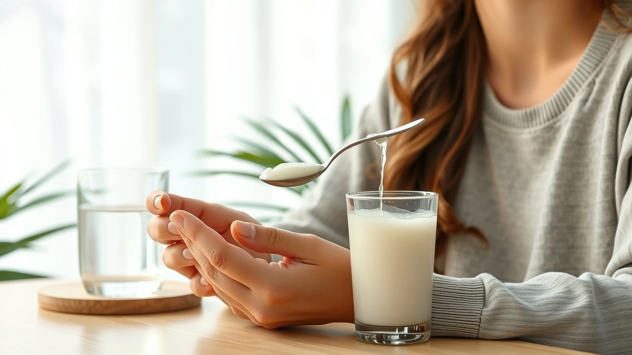 une personne pratiquant le oil pulling avec de l'huile de coco