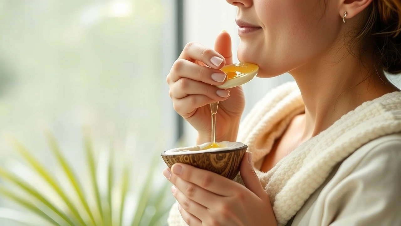 person pratiquant le oil pulling avec de l'huile de noix de coco