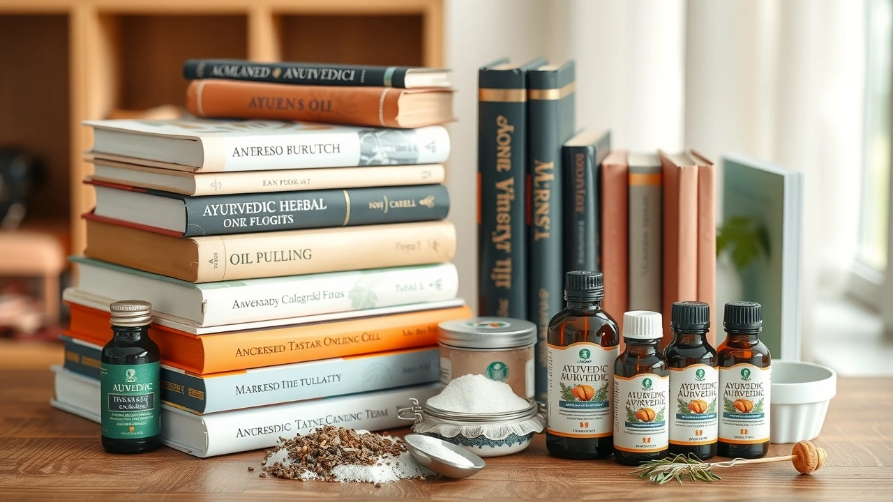 collection de livres ayurvédiques et huiles