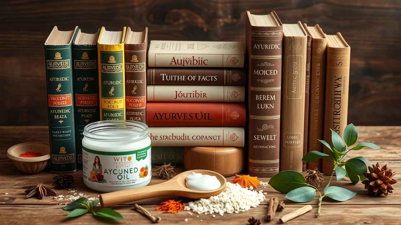 collection de livres ayurvédiques et produits de oil pulling