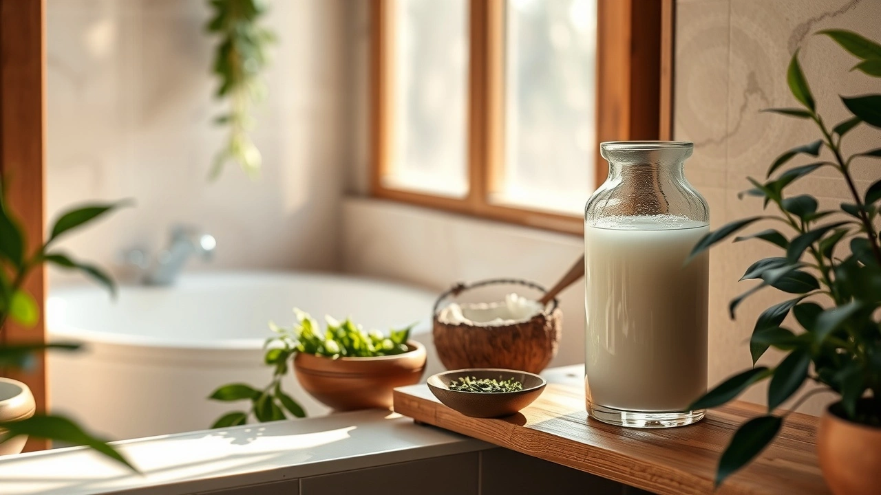 Une salle de bain sereine illustrant les bienfaits de l'oil pulling selon l'Ayurveda.