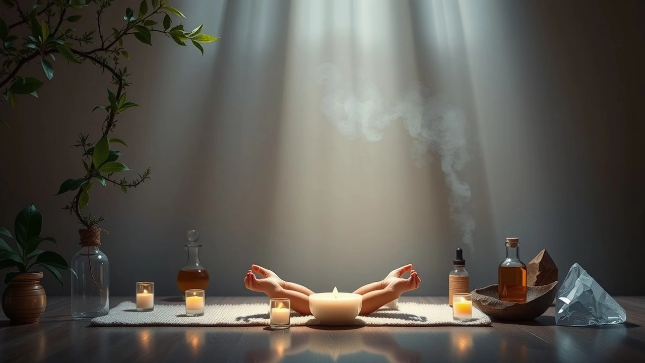 Une scène sereine illustrant le tirage d'huile et la purification énergétique selon la perspective ayurvédique.