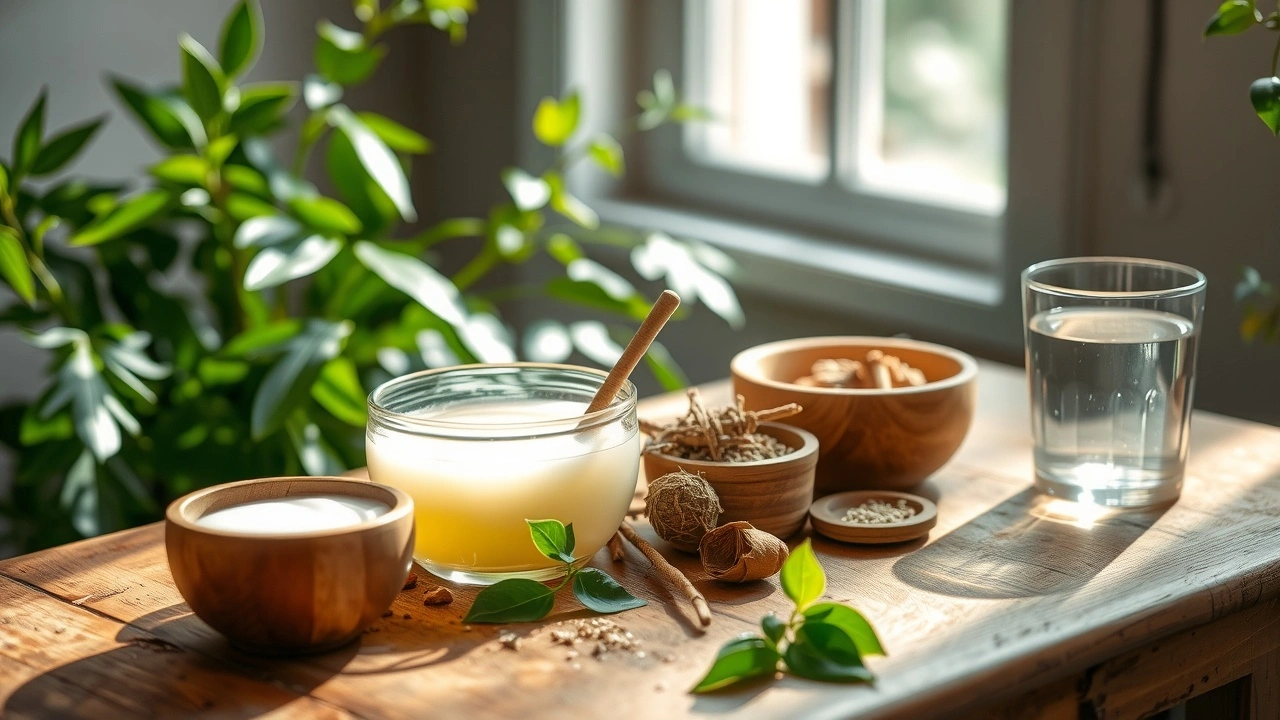 Une scène tranquille illustrant le tirage à l'huile avec de l'huile de noix de coco et des herbes ayurvédiques.