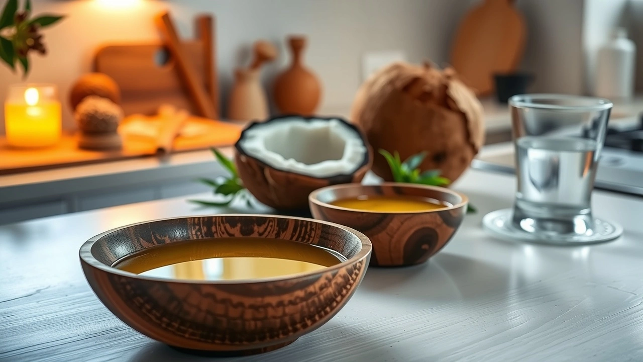 Une cuisine sereine illustrant le tirage d'huile, avec des herbes ayurvédiques en arrière-plan.