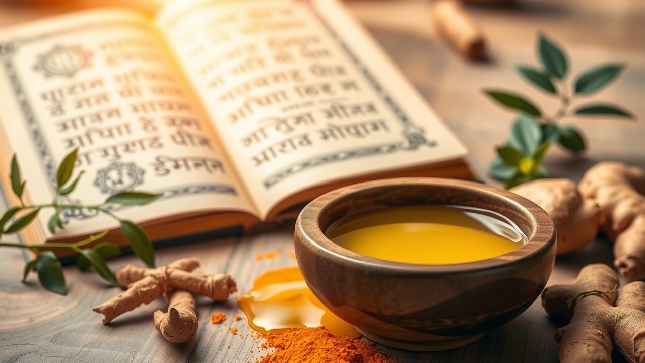 Une scène sereine illustrant le tirage d'huile, avec des éléments ayurvédiques anciens et des herbes fraîches.