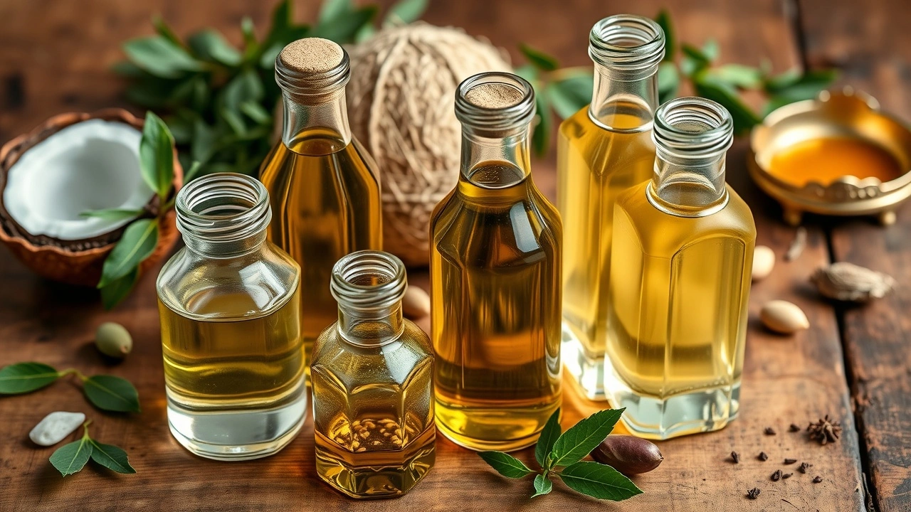 diff�rents types d'huiles dans des contenants en verre