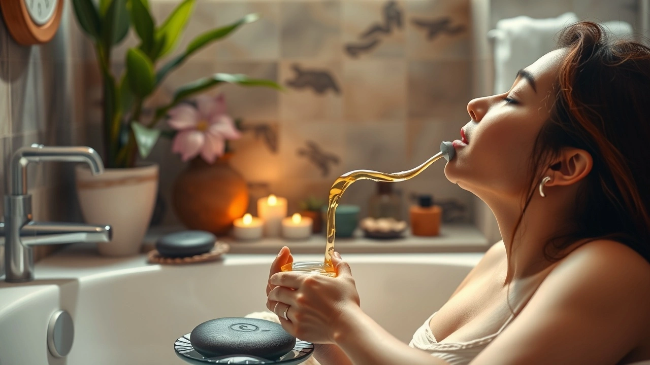 Une scène apaisante montrant la pratique du bain à l'huile et la détente.