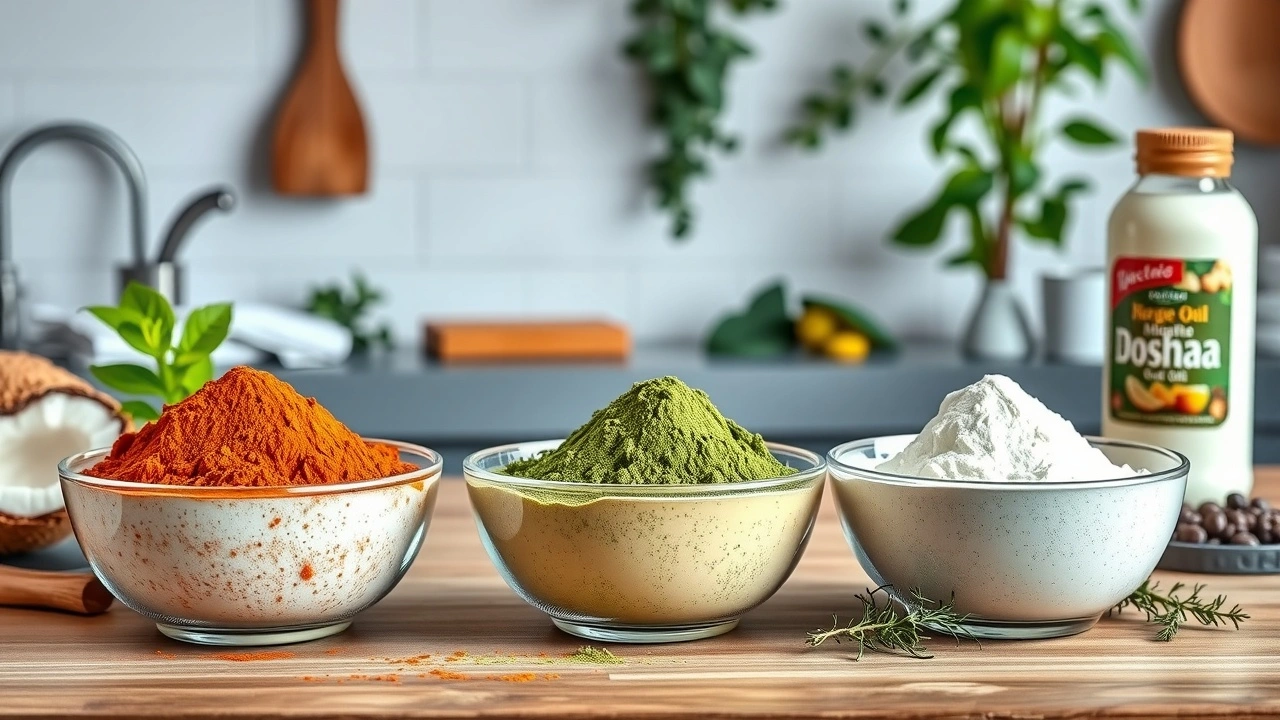trois bols de poudres de doshas avec huile de coco