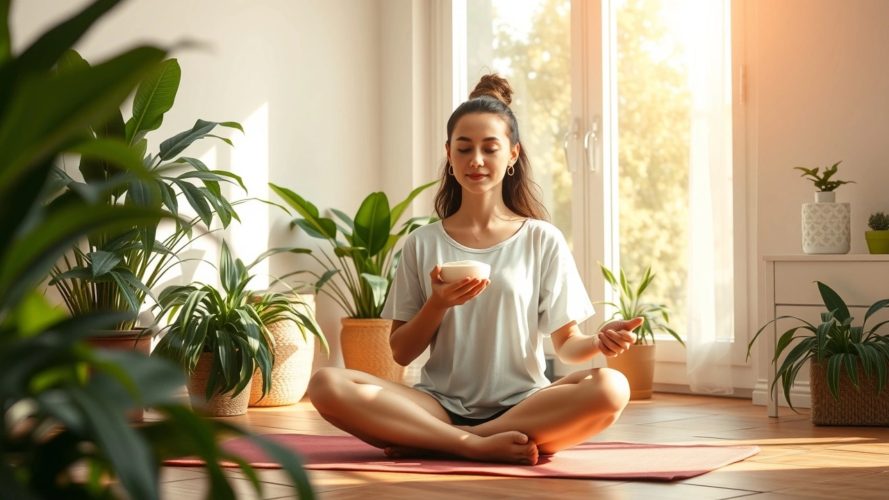 Une scène sereine illustrant l'harmonisation du corps grâce à l'huile de pulling.