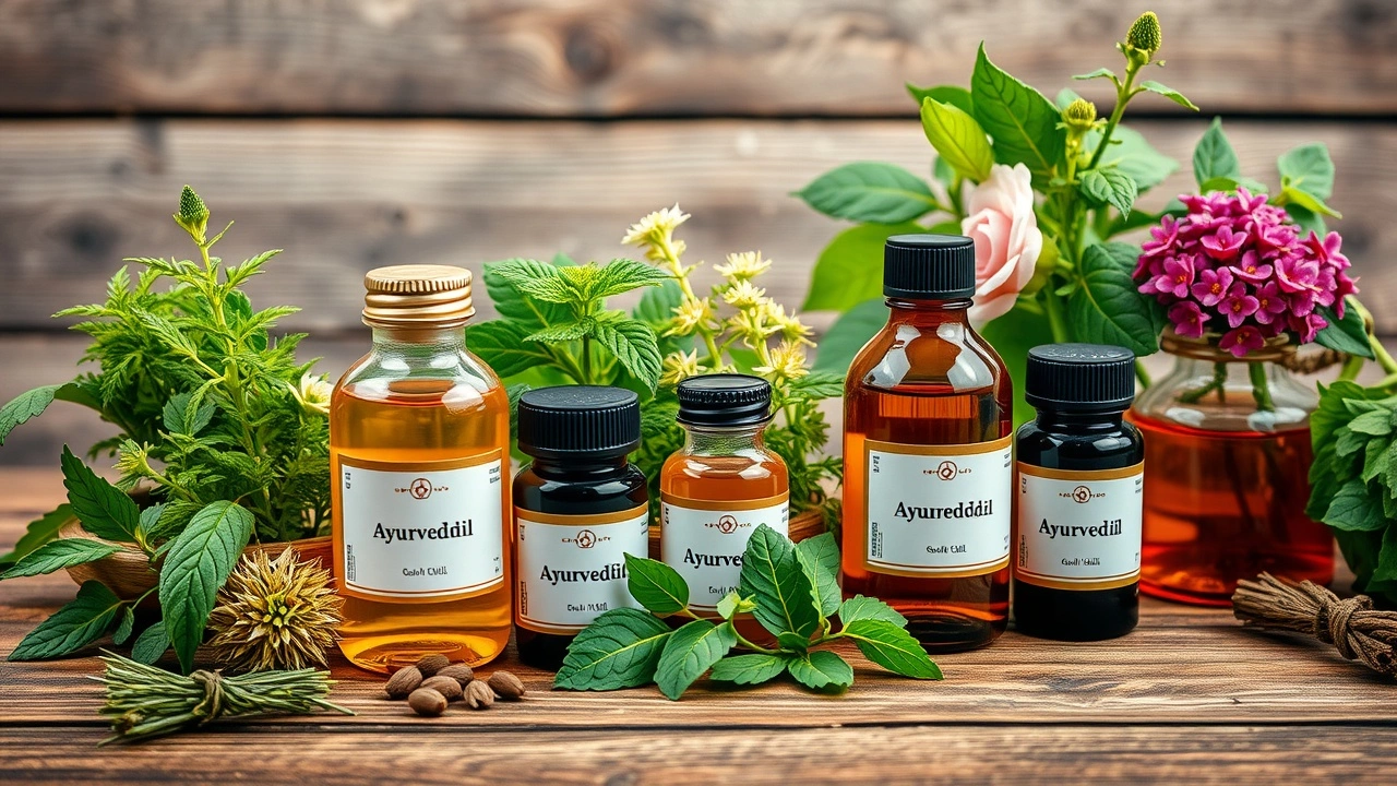 herbes ayurvédiques et bouteilles dhuile sur table en bois