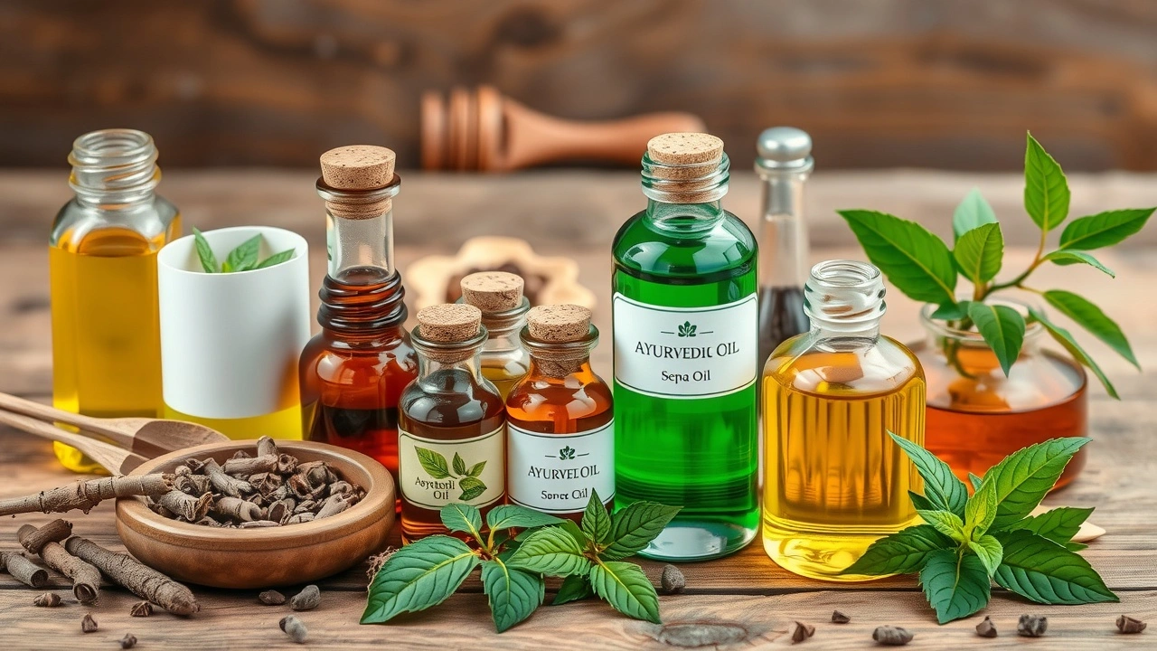 herbes et huiles ayurvédiques sur une surface en bois