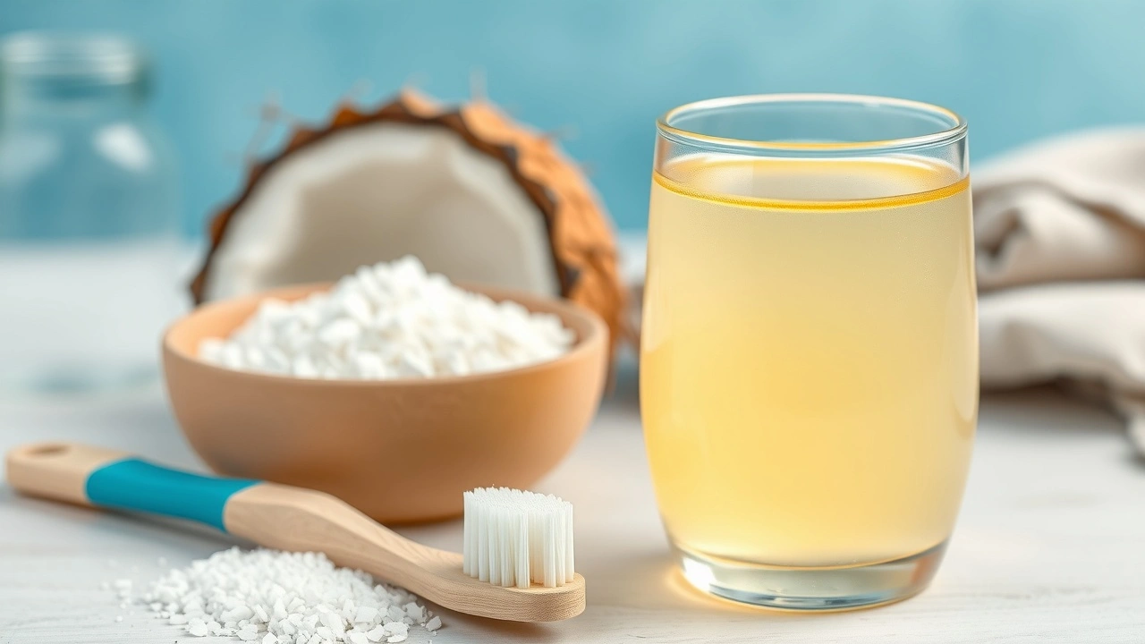 huile de coco, brosse à dents et bol de sel