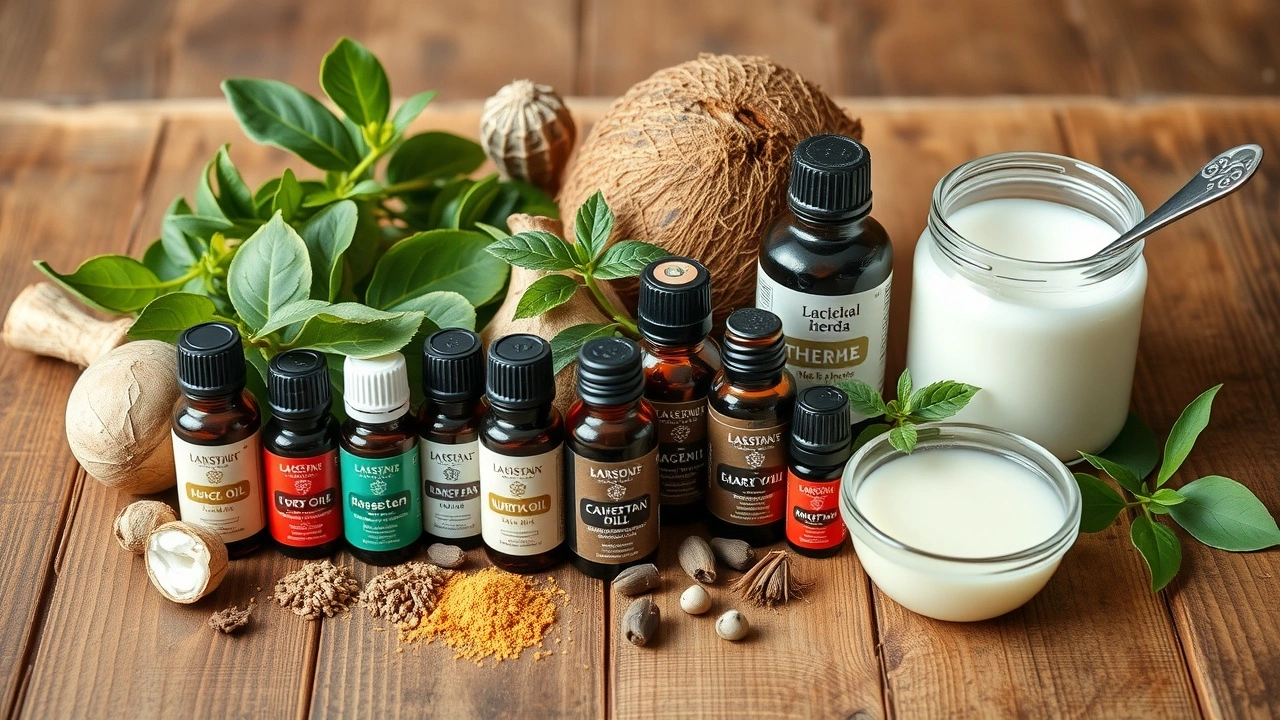 huile de coco et herbes ayurvediques sur une table en bois