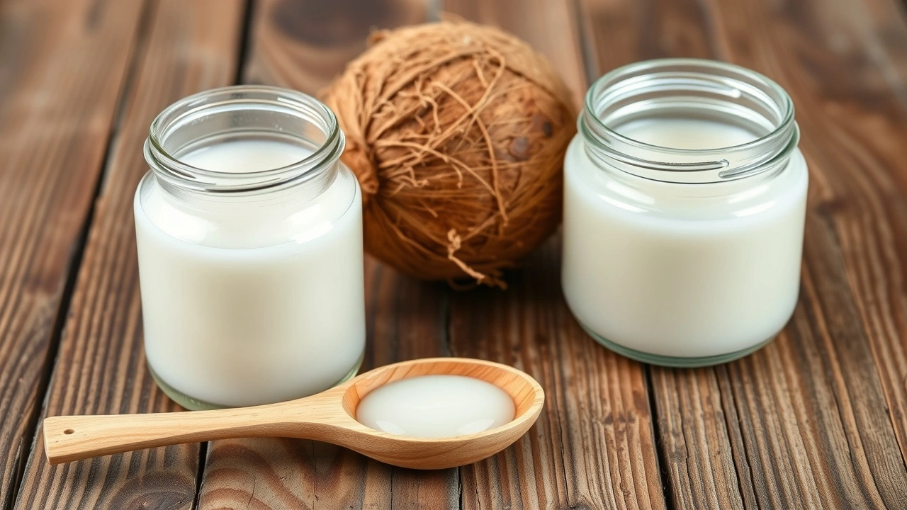 coconuts oil and ayurvedic tools on a table