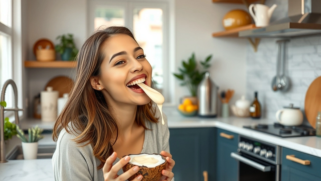 person pratiquant l'oil pulling dans une cuisine moderne