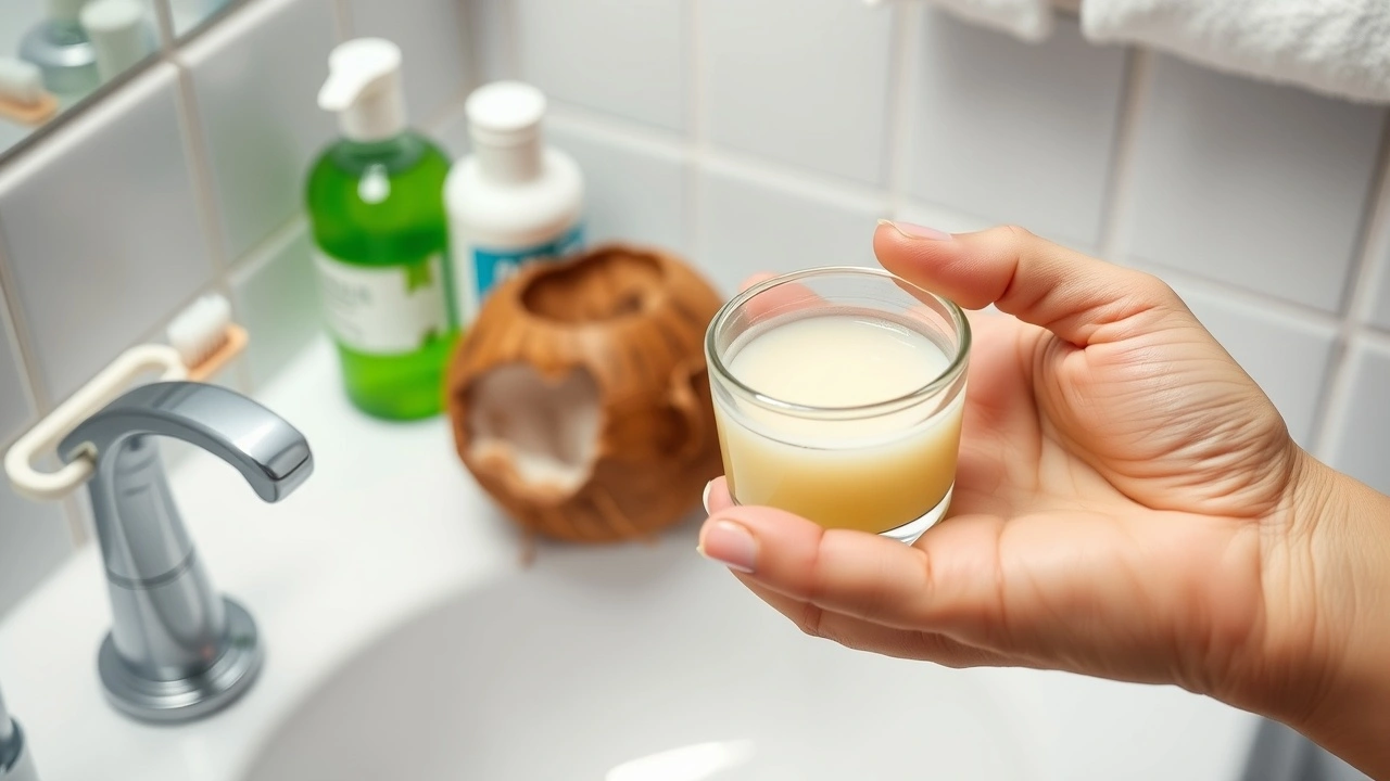 une personne avec de l'huile de coco pour oil pulling