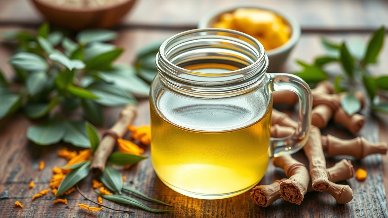 un pot en verre rempli d'huile et des herbes ayurvédiques