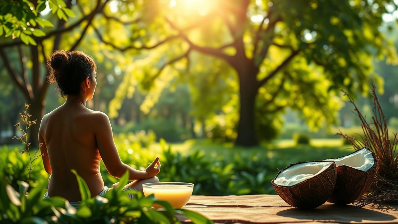 Une illustration de la pratique du oil pulling dans un cadre ayurvédique, montrant l'équilibre des émotions et la santé globale.