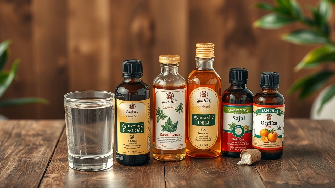 huiles ayurvédiques et un verre d'eau sur une table en bois