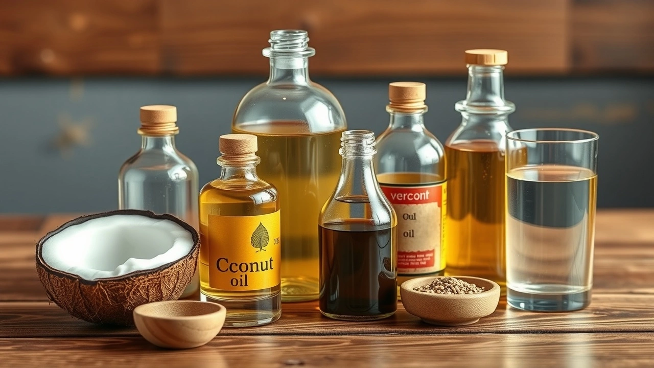 huiles naturelles pour oil pulling sur une table en bois