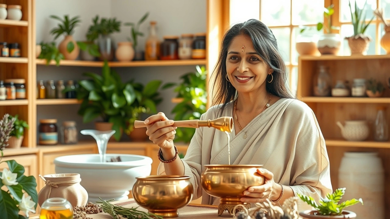 Illustration d'une praticienne ayurvédique pratiquant le gargarisme à l'huile dans un environnement serein.