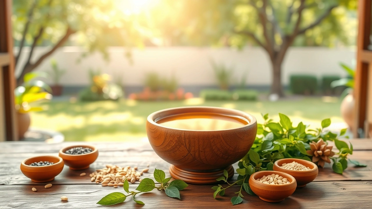 Une représentation photoréaliste d'un cabinet ayurvédique avec un bol d'huile de sésame et des herbes naturelles.