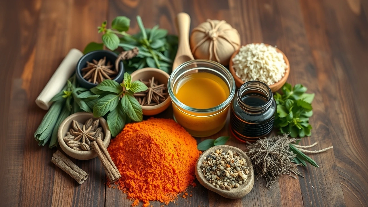 installation d'herbes ayurvédiques et d'ingrédients pour le bain buccal