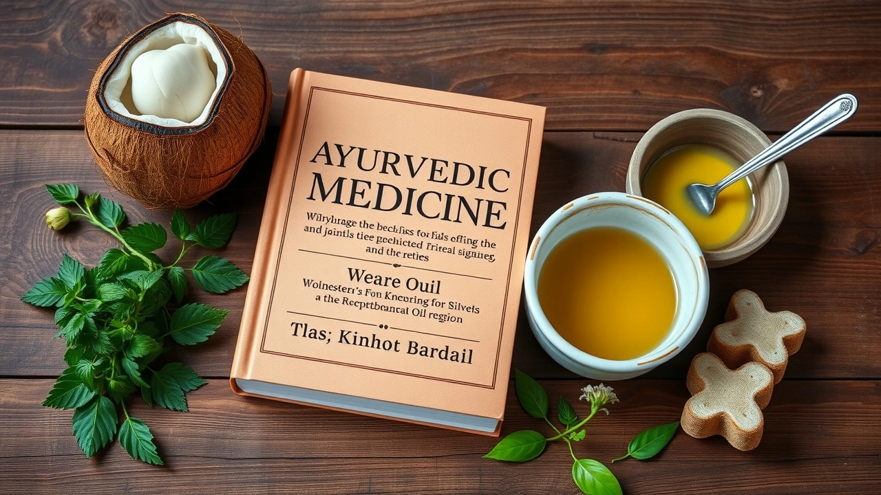 livre de medecine ayurvedique et huile de noix de coco