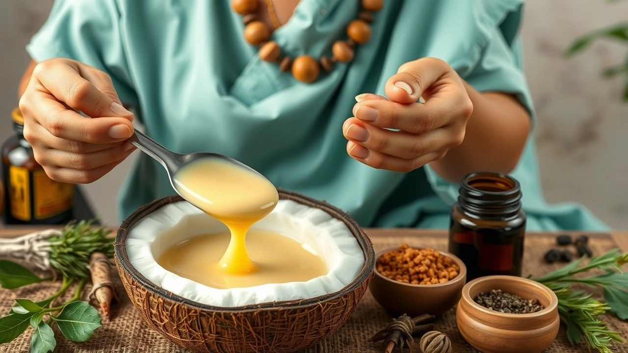 person pratiquant le oil pulling avec de l'huile