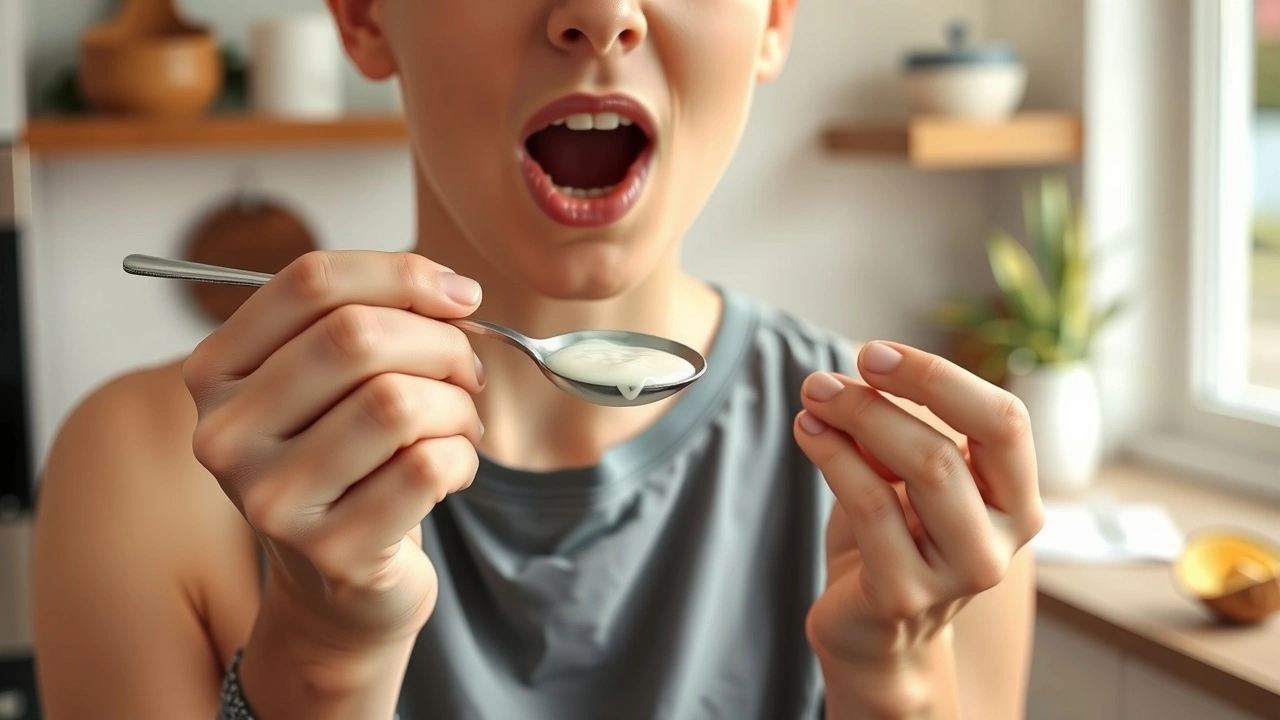 une personne effectuant un oil pulling dans une cuisine