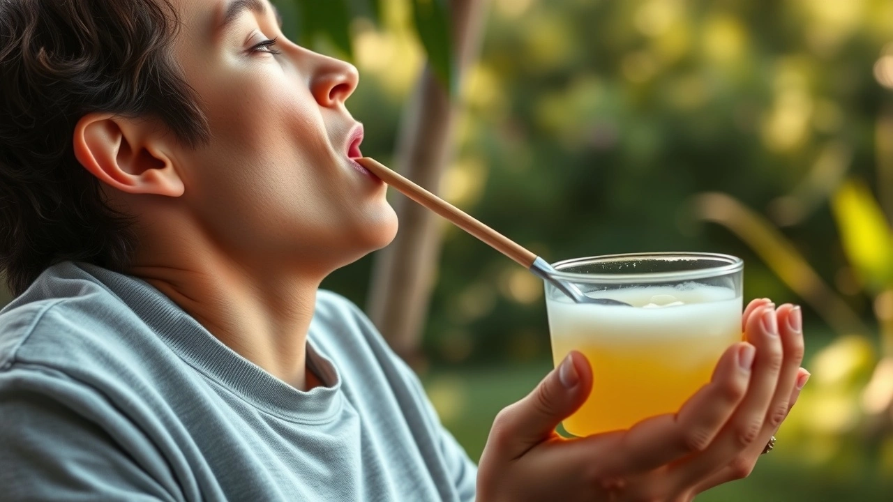 une personne fait un oil pulling avec de l'huile de noix de coco