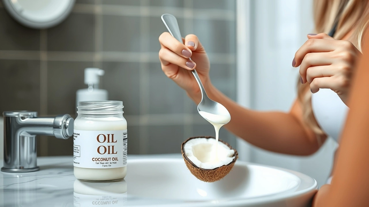 une personne pratiquant le oil pulling dans une salle de bains