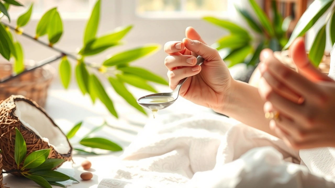 Une représentation calme de l'oil pulling en Ayurveda, montrant une personne en train de se rincer la bouche avec de l'huile.