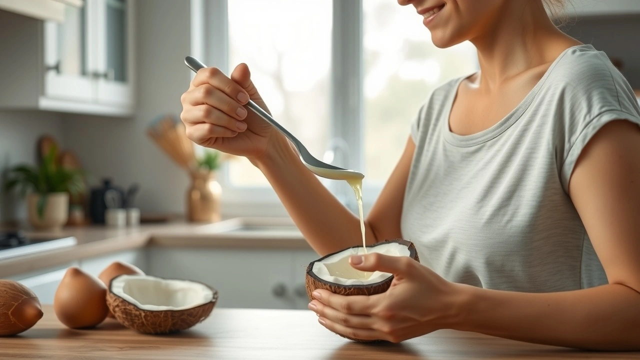 person faisant du oil pulling dans une cuisine