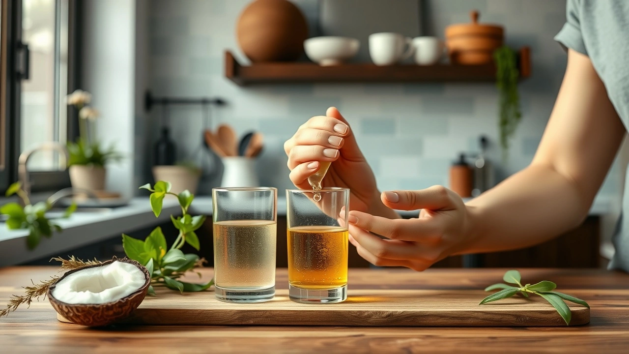 une personne effectuant le oil pulling dans une cuisine moderne