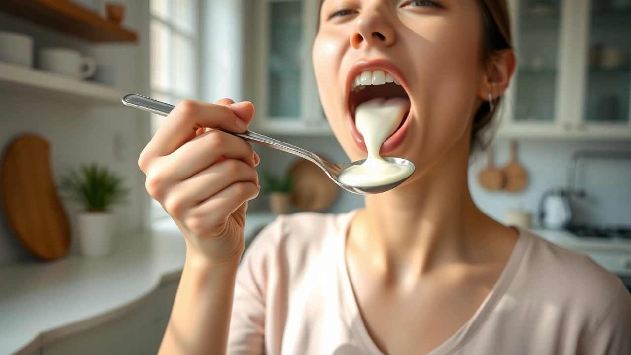 person faisant du oil pulling avec de l huile de coco