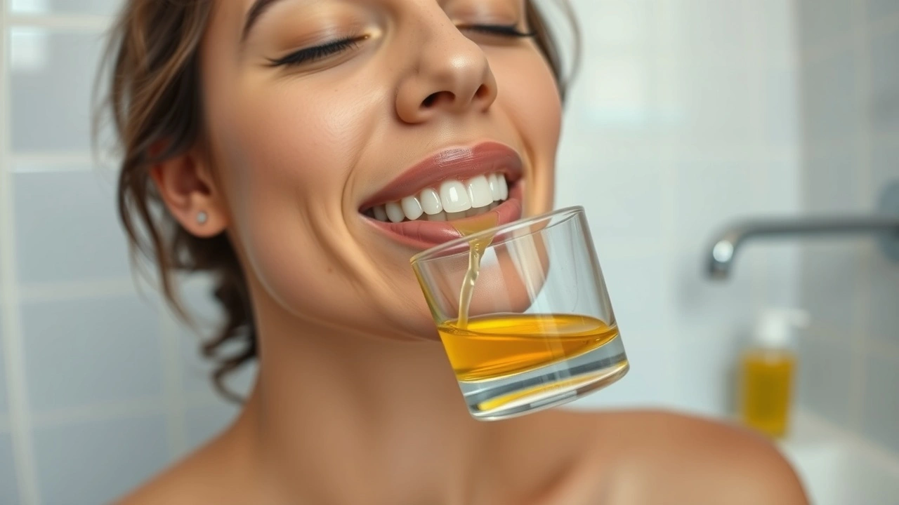 person faisant du oil pulling dans une salle de bain