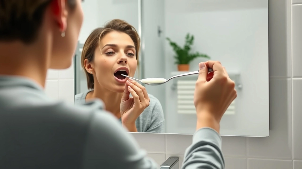 person pratiquant le oil pulling dans une salle de bain